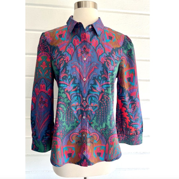 J. CREW Ratti Puff Sleeve Button Down Top in Scarf Paisley Print - NWOT - 8 - Picture 1 of 11